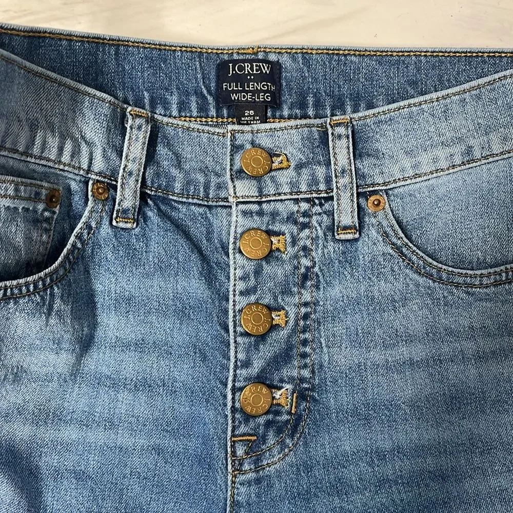 J. Crew | Full Length Wide Leg Button Fly High Rise Raw Hem Medium Wash Jeans 28